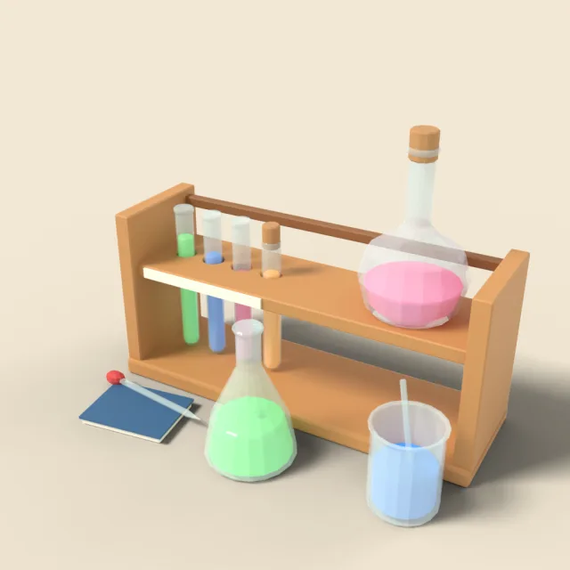 Chemistry flasks on lab rack