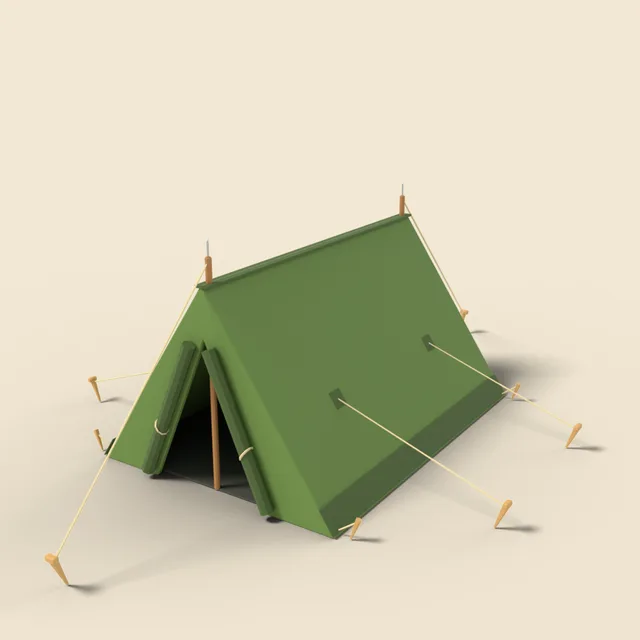 Green A-frame scout tent with poles