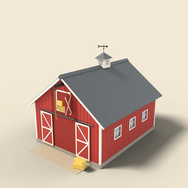 Red barn with white trim and hayloft door