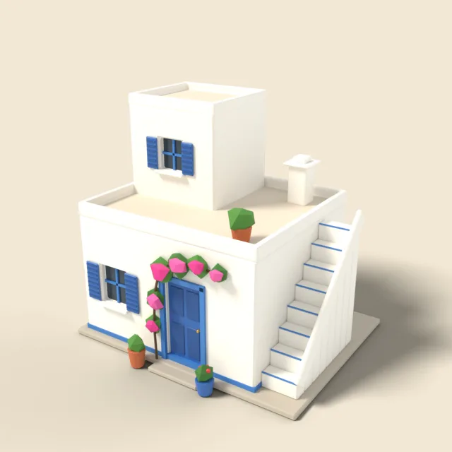 Whitewashed cube house with blue door