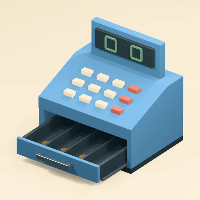 Cash register with open divided drawer