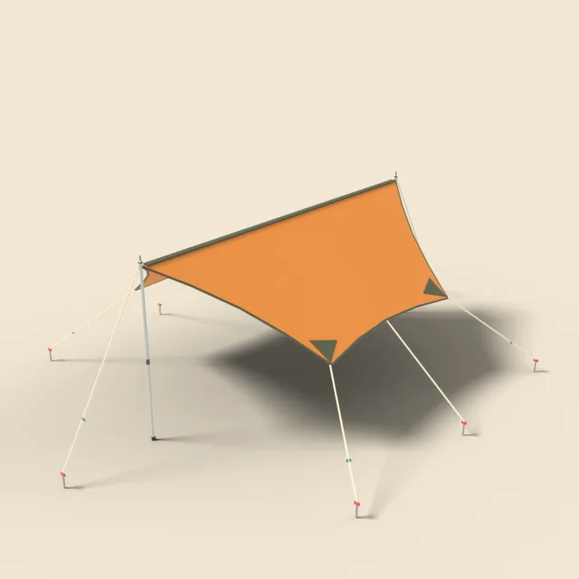 Hexagonal camping tarp with ropes