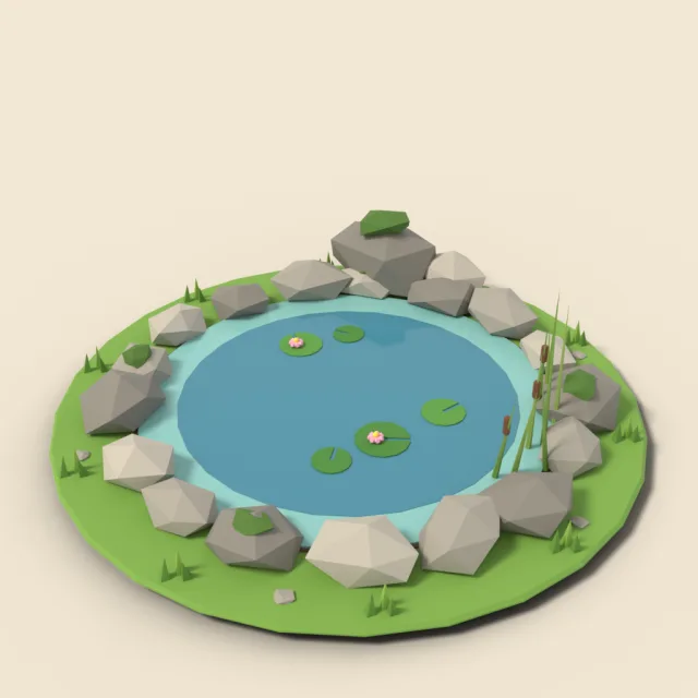 Small round pond with rock rim