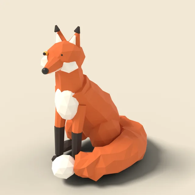 Sitting red fox with curled tail