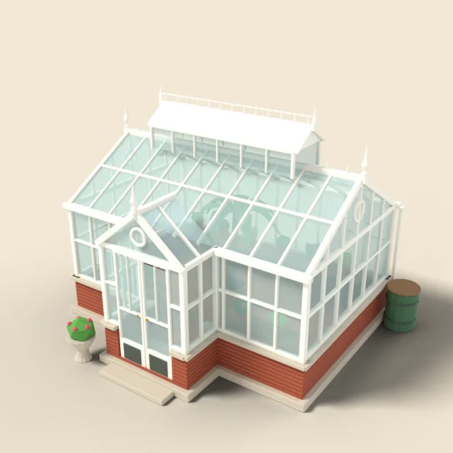 Victorian greenhouse with white frame