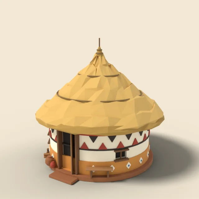 Painted rondavel with conical thatch