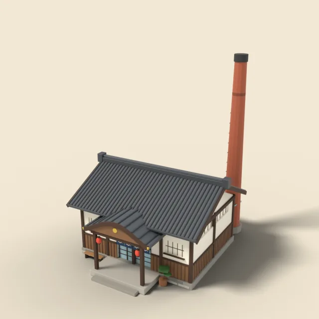 Public bathhouse with tall chimney