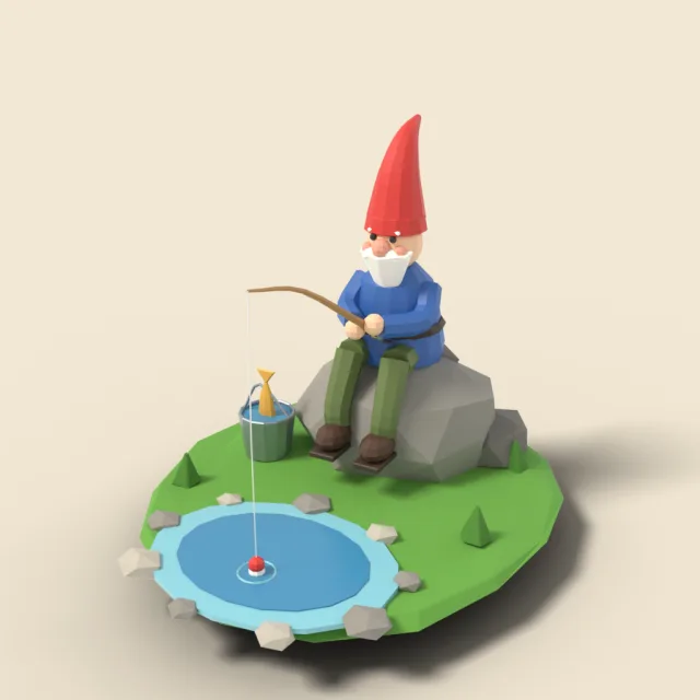 Garden gnome fishing on a rock