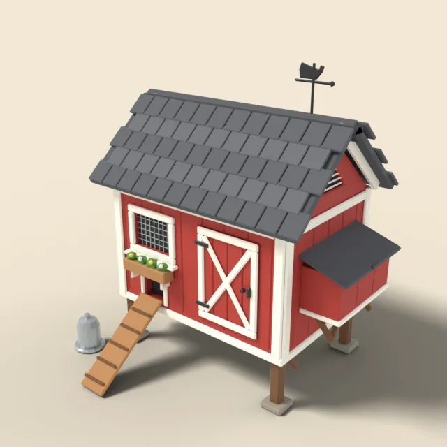 Red chicken coop with white trim