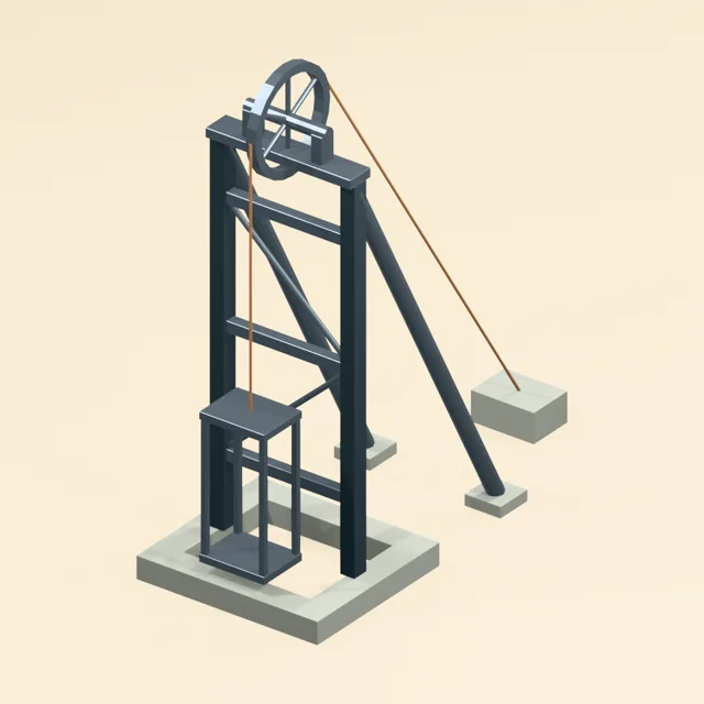 mine_winding_headframe_inclined_backlegs_sheave_shaft_cage