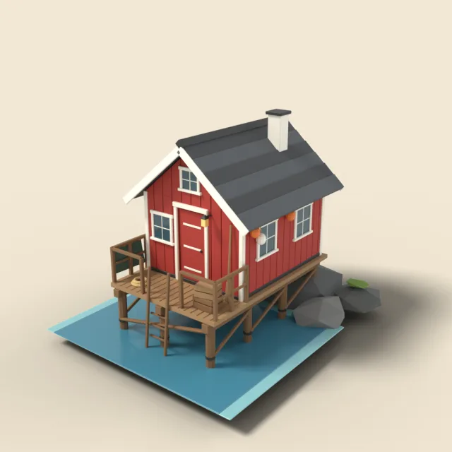 Red fishing hut on stilts by the water