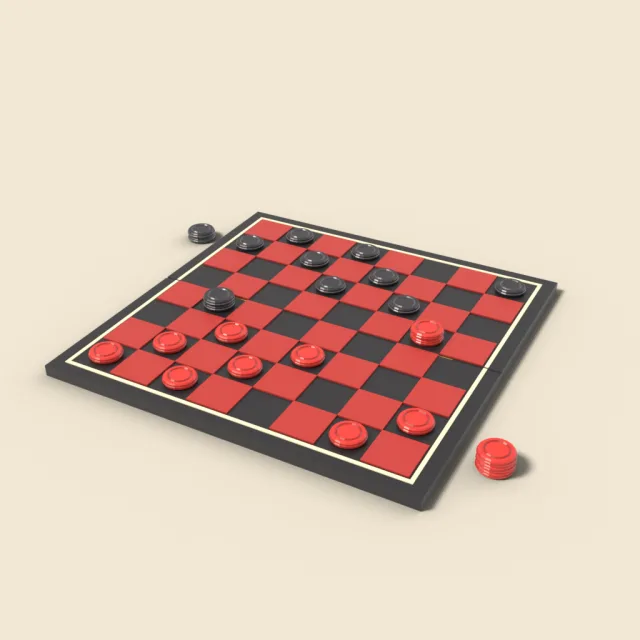 Checkers board with stacked pieces