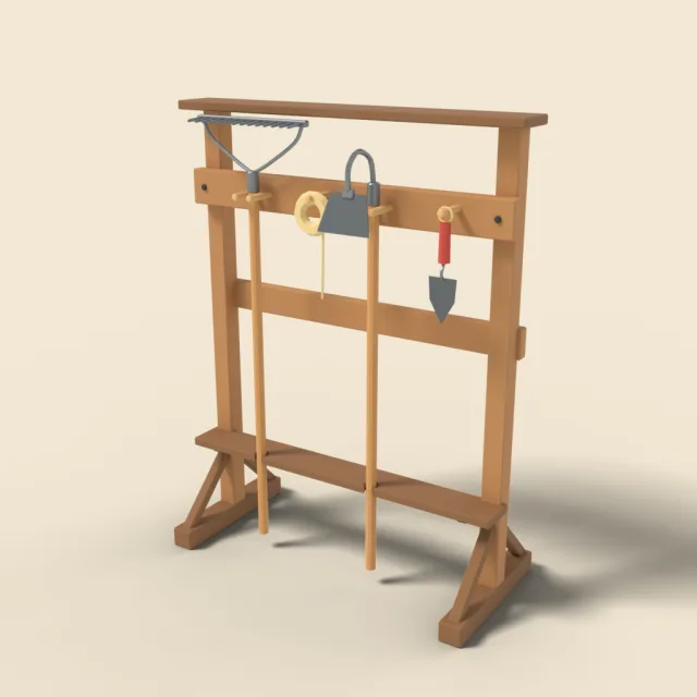 Farm tool rack with rake and hoe