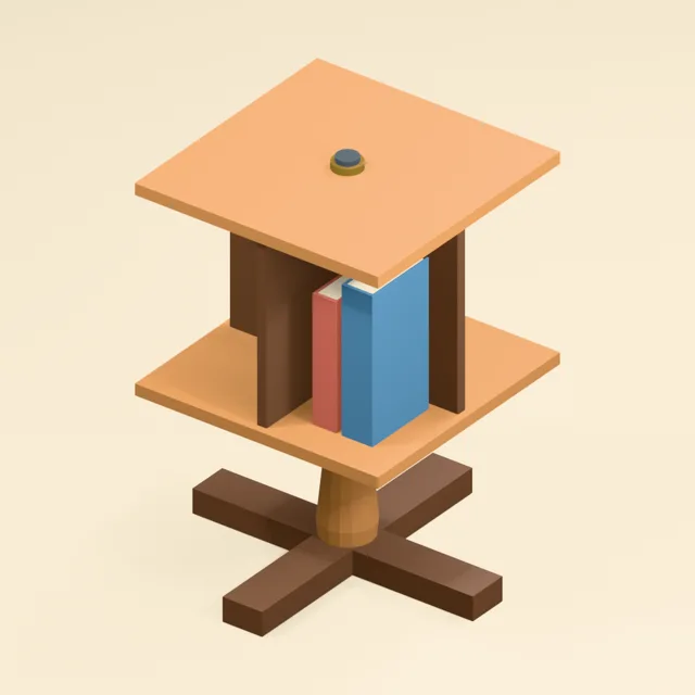 Four-sided revolving bookstand with captured vertical spindle and grounded pedestal