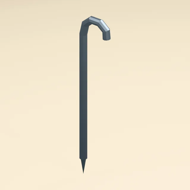 Hooked steel tent stake with captured tapered point