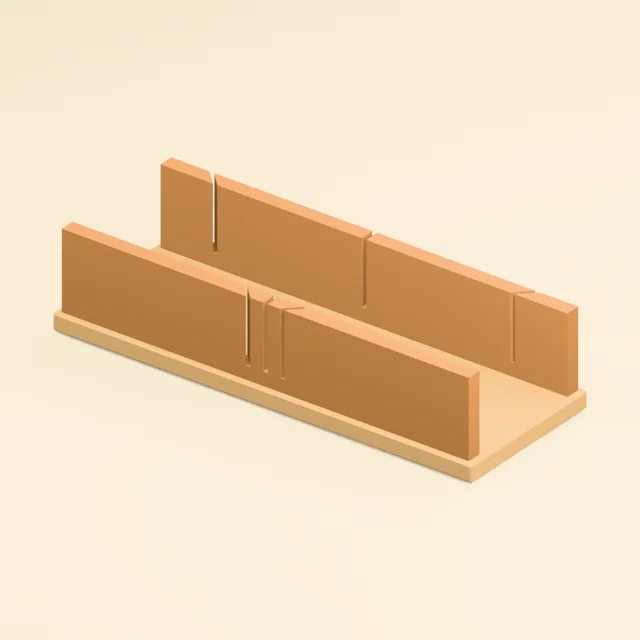 Wooden miter box with through-wall saw guide slots
