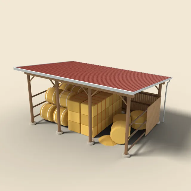 Open hay shed with corrugated roof