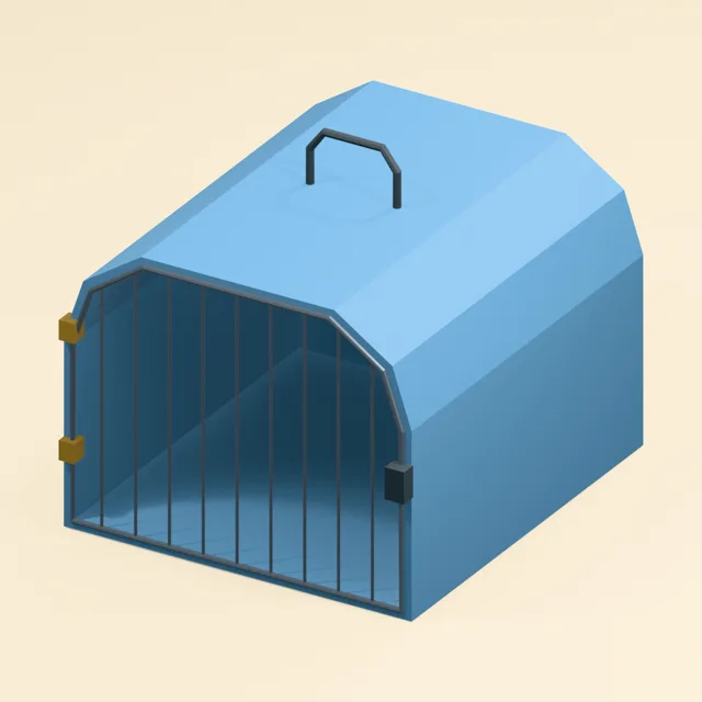 Arched pet carrier with barred front door and carry handle