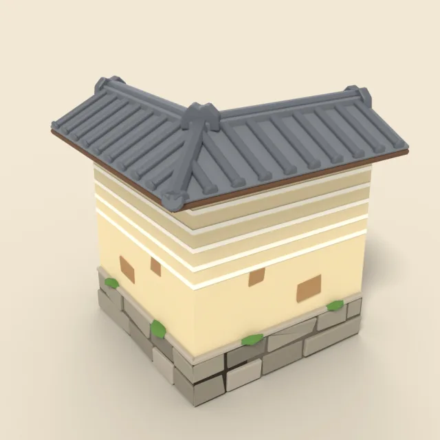 Japanese earthen wall corner with tiled roof