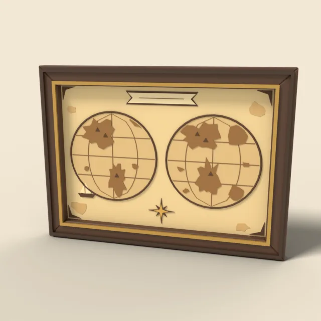 Framed antique world map in sepia