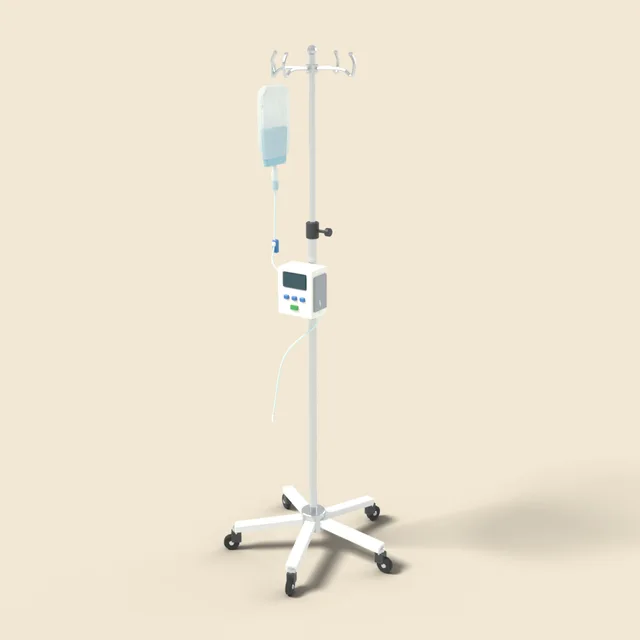 Wheeled IV drip stand with fluid bag