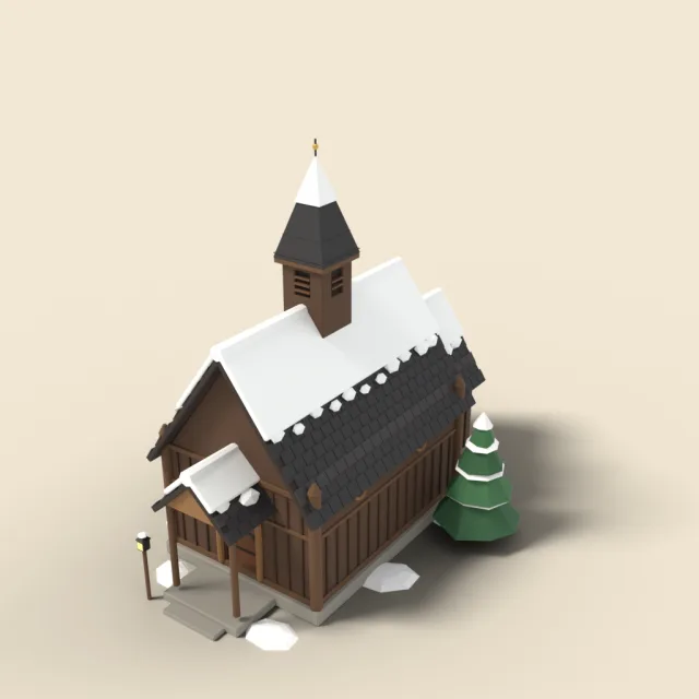 Snowy stave chapel with dark shingles