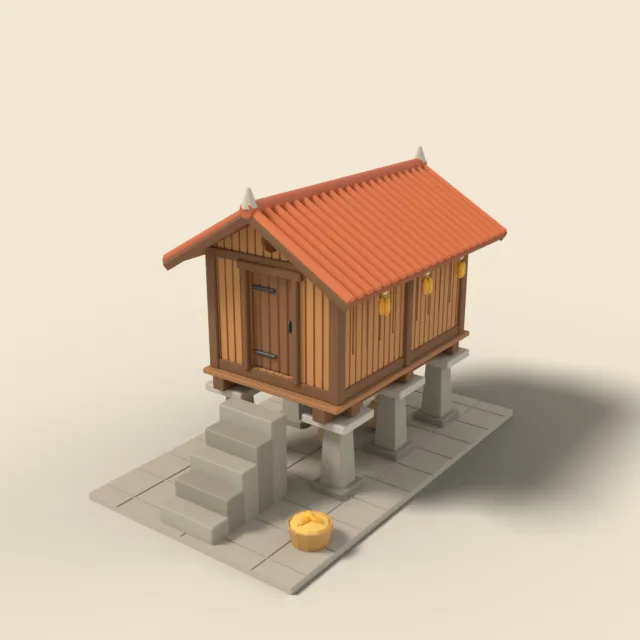 Raised granary on stone pillars