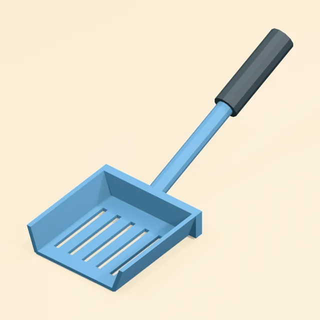 Slotted litter scoop with shallow side walls and raised grip