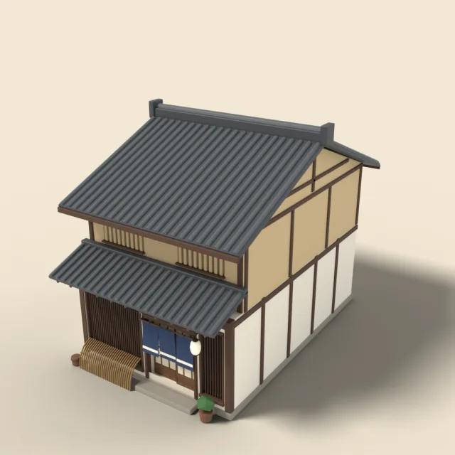 Machiya with lattice front and noren