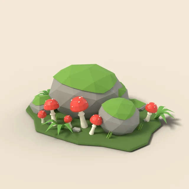Mossy boulders with red mushrooms