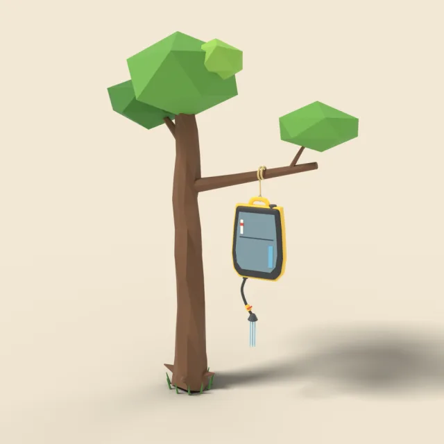 Solar shower bag hanging on branch