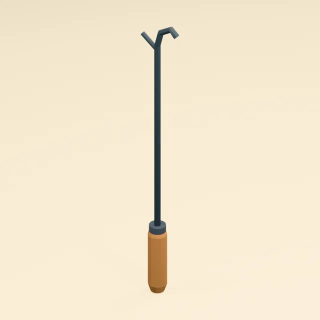 Forged fireplace poker with hooked working tip and wooden grip