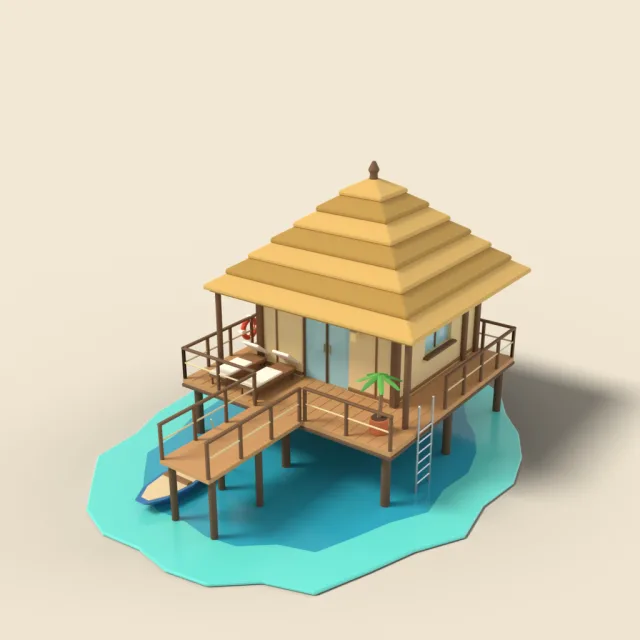 Overwater bungalow with thatched roof