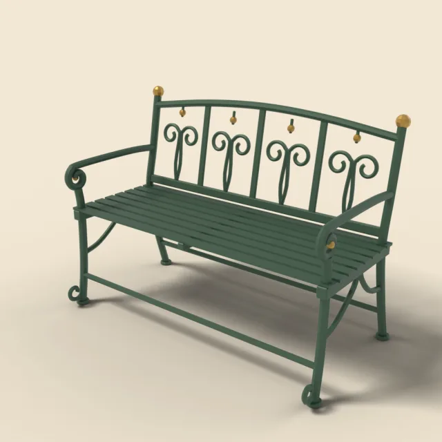 Iron garden bench with scroll arms