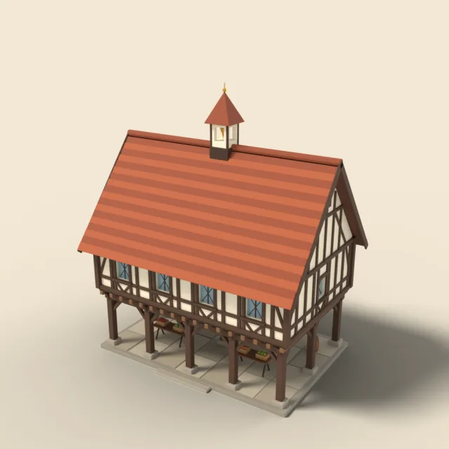 Timber-framed market hall on wooden posts