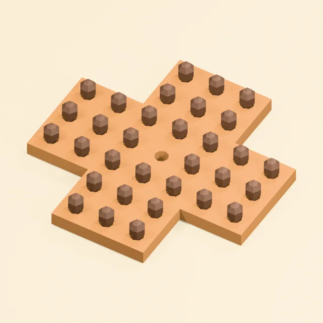 Cross shaped peg solitaire board with one empty center