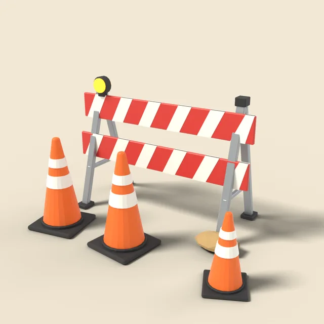 Traffic cones and road barrier