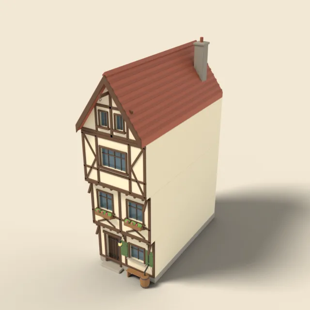 Narrow half-timbered townhouse with jettied upper floor