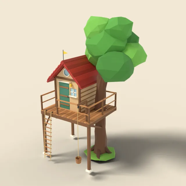 Treehouse with rope ladder and red roof