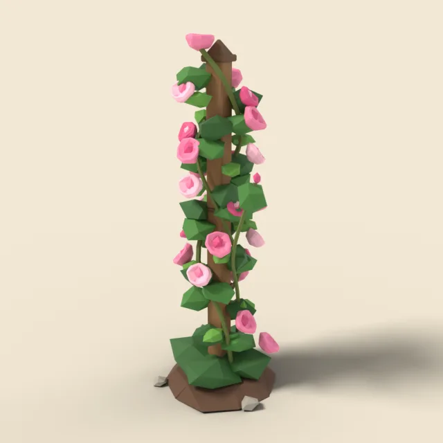 Pink climbing rose on wooden post