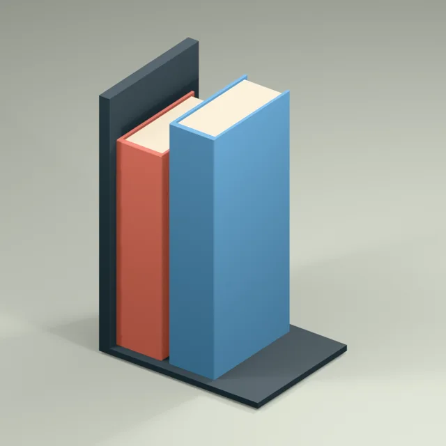Bent metal bookend supporting two bound books
