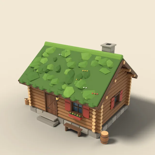 Round-log cabin with moss roof