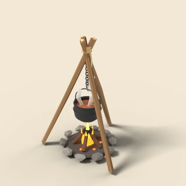 Cooking pot over campfire tripod