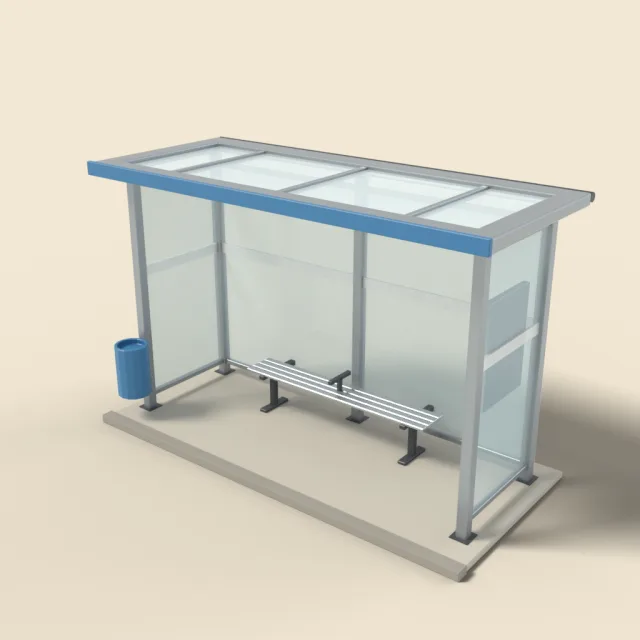 Glass bus stop shelter with metal bench
