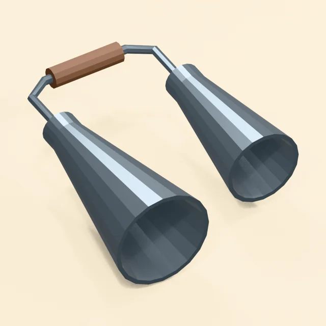 Handheld agogo with two open bells and bent bridge grip