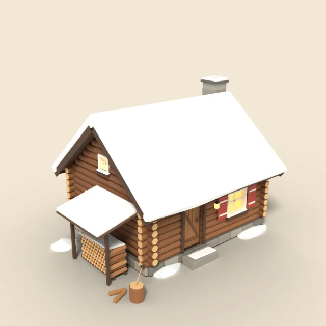 Snowy log cabin with woodpile