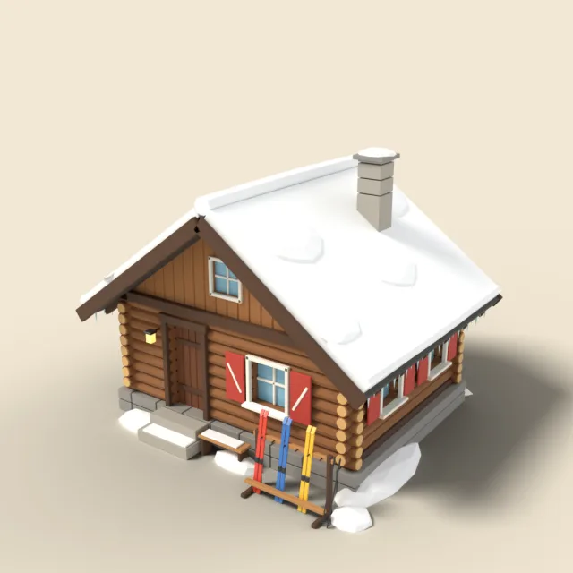 Snowy alpine refuge with ski rack