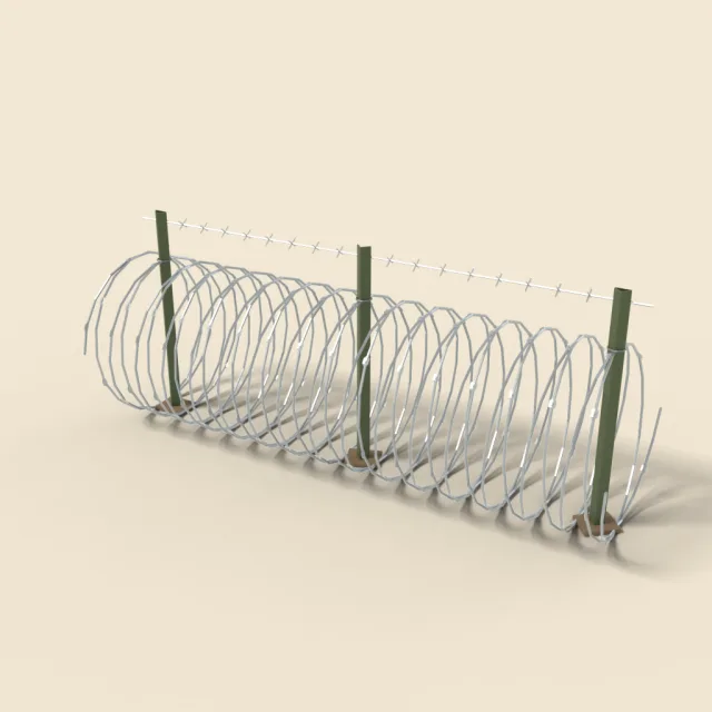 Barbed wire coil on stakes