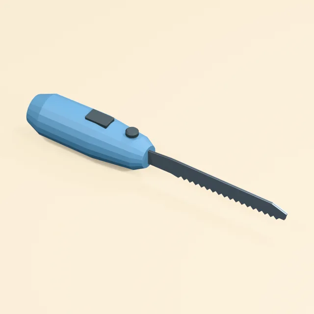 Electric carving knife with paired serrated blades and continuous motor grip