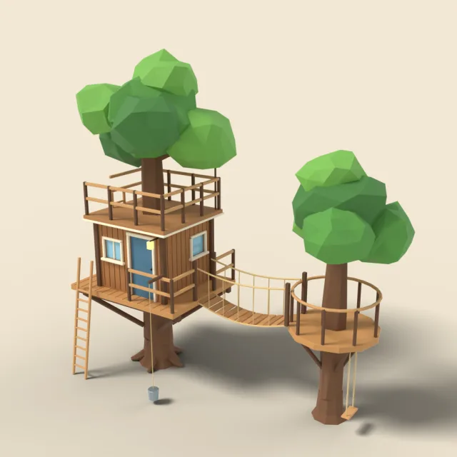 Two-level treehouse with bridge